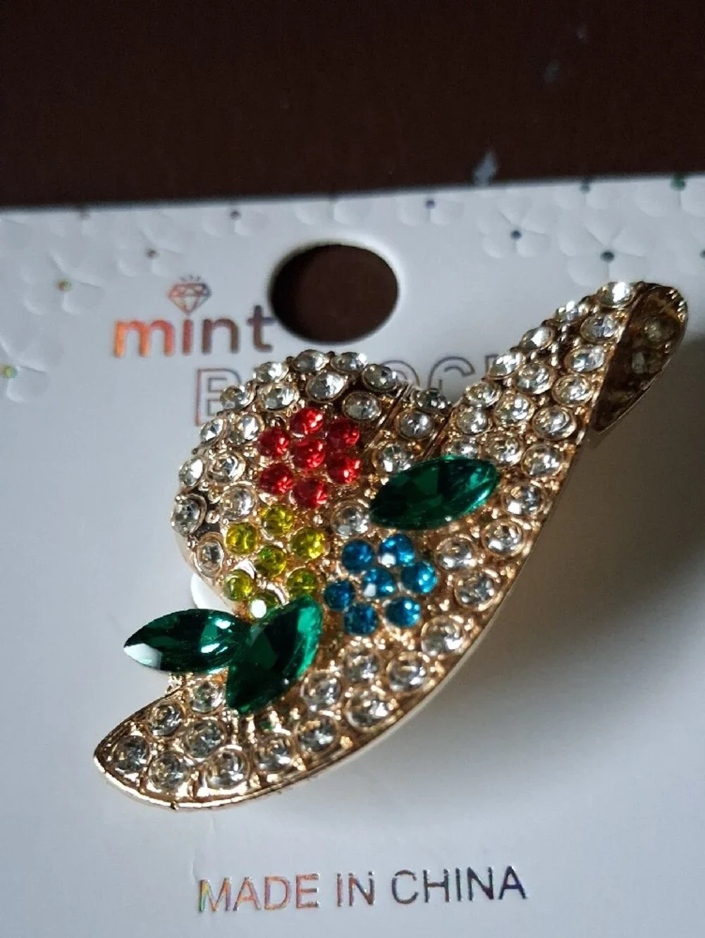 Mint Gold-Tone Multicolor Crystal Floral Brooch with Green Leaves